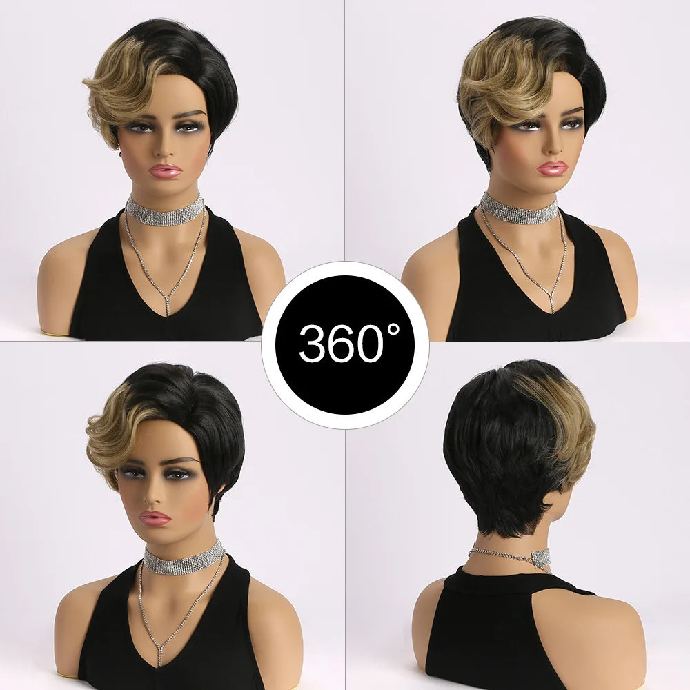 Elegant fashionable wigs women, realistic natural synthetic fiber short curly hair, black and yellow wig head cover daily wear
