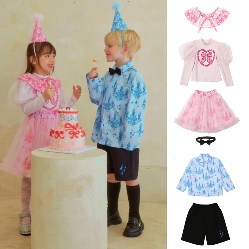 

Children's T-Shirt 2026 Spring New Arrival Pink Printed Girls' Long-Sleeve T-Shirt with Skirt Cotton Blue Casual Boys' Shirt