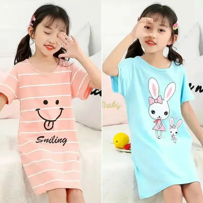 Kids Girls 100% Cotton Nightgown Cartoon Nightdress Girl Sleepwear Nightie Summer Short Sleeves Cats Nightwear Children Clothes