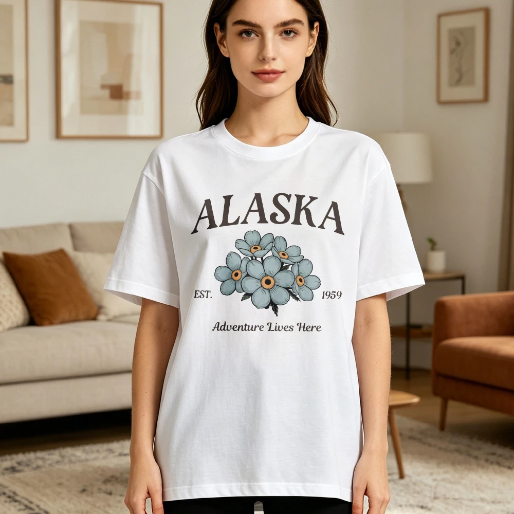 Alaska State Flower Cotton Tshirt Vintage Forget Me Not Crewneck Tees Retro Adventure Travel Shirt Nature Adventure Lover Gift