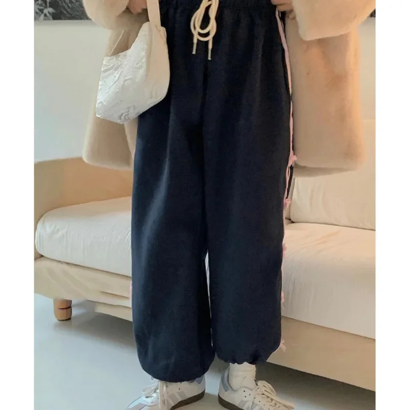 Women's Casual Bow Knot Plush Sweatpants Drawstring Striped Jogger Pants Cute Harajuku Trousers High Waist Loose Pants