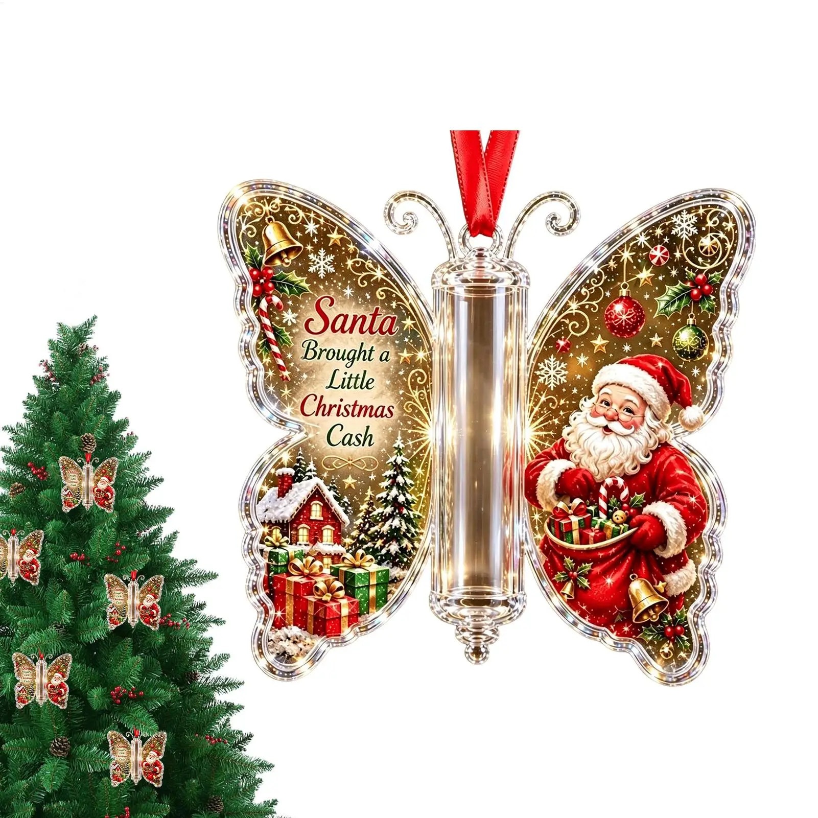 Christmas Money Holder Card Acrylic Butterfly Shape Cash Holder Ornament Tree Pendant Holiday Gift Decoration