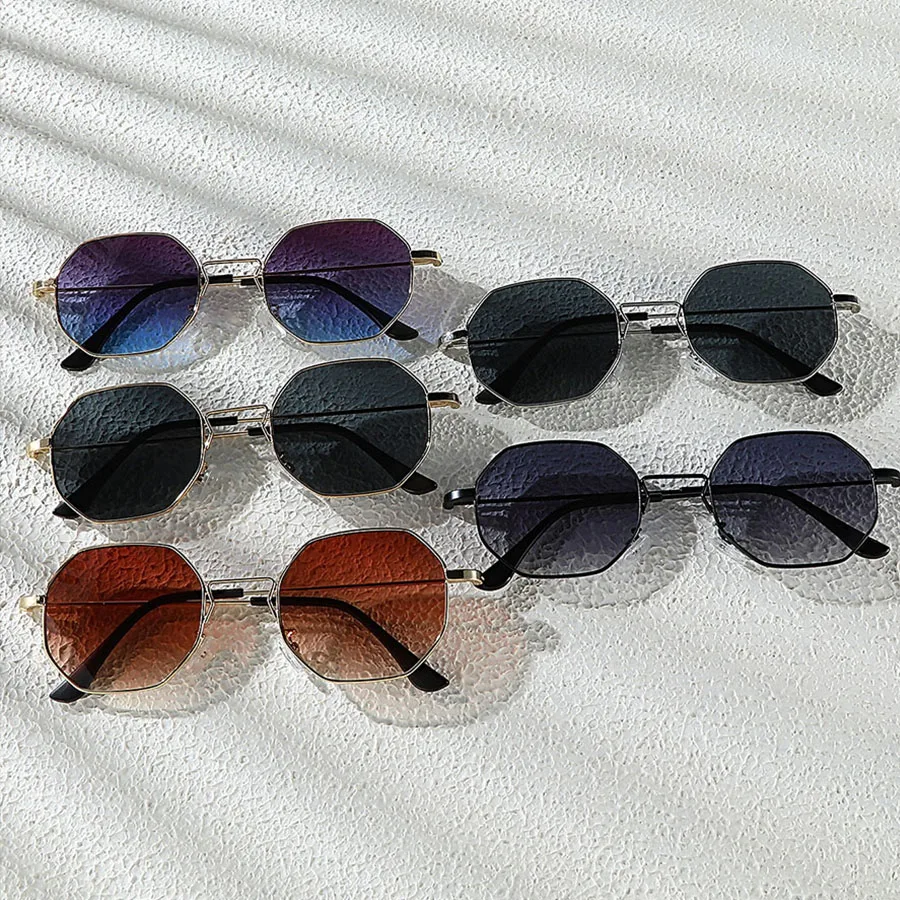 5 Pcs Wholesale Geometric Sunglasses Unisex Trendy Octagonal Metal Frame Textured Lens Shade Fashion Street Party Eyewear