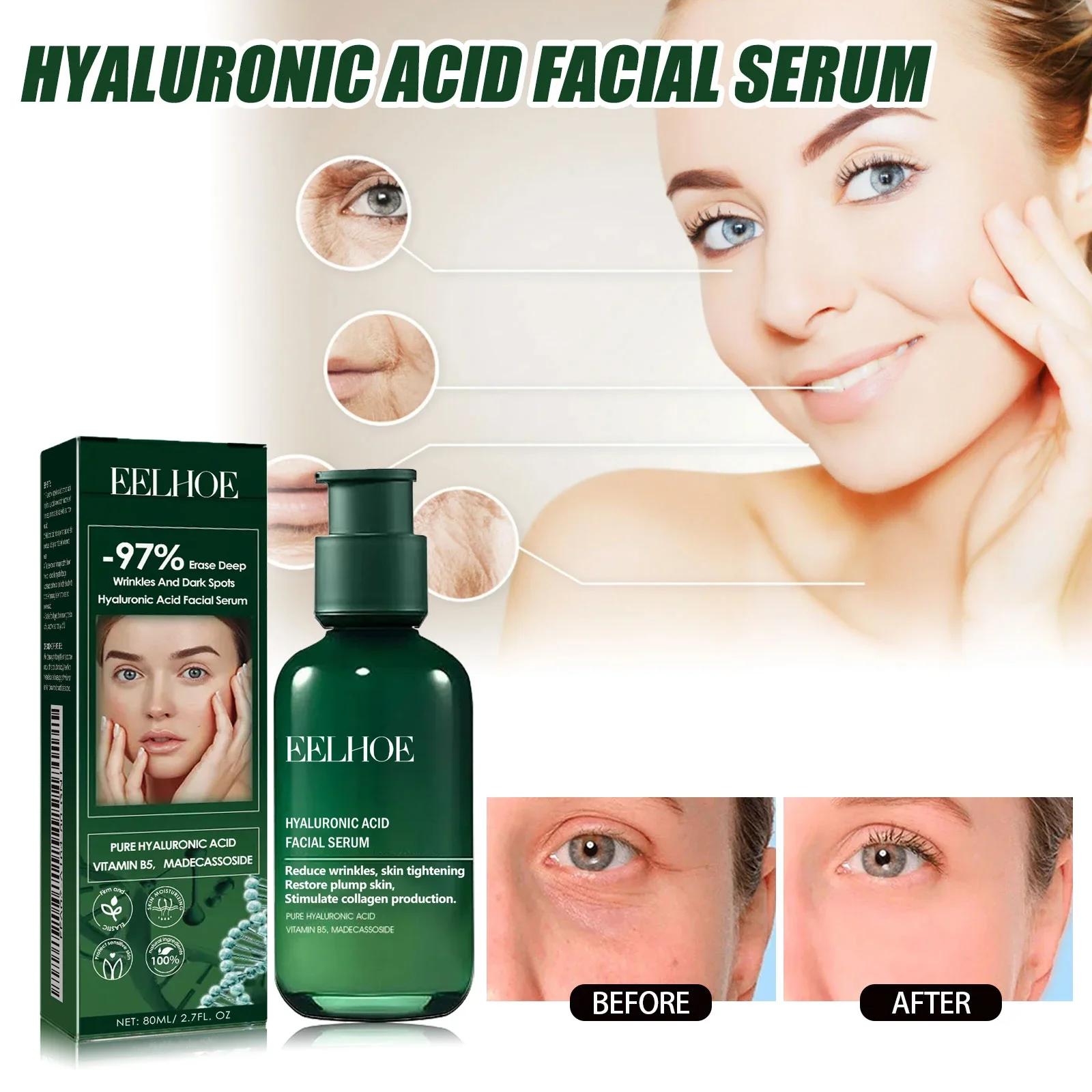 EELHOE-suero Facial reafirmante para dar arrugas, disminuye las líneas finas, reduce los poros, cuidado Facial, suero hidratante 80