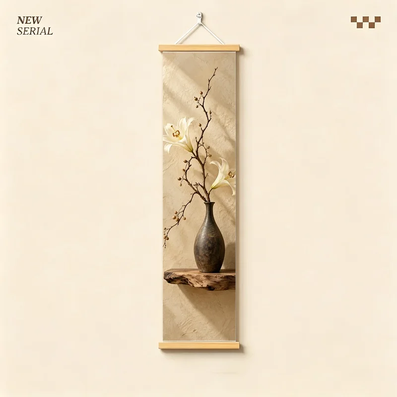 Wall Art Preserved Lily and Preserved Hibiscus, Calm Wabi-Sabi Silver Shimmer Canvas Hanging Scroll for Peaceful Spa Room
