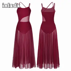 Women Modern Lyrical Dance Dress Sleeveless Sheer Mesh Ballet Gymnastics Leotard Split Maxi Overlay Contemporary Dancewear