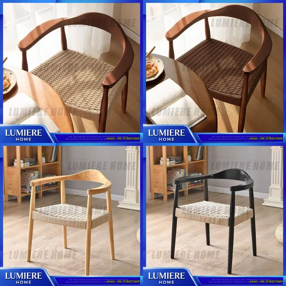 

Scandinavian Minimalist Vintage Solid Wood Dining Chair with Backrest and Cushion Woven Rope Seat for Home Cafe Kitchen Use