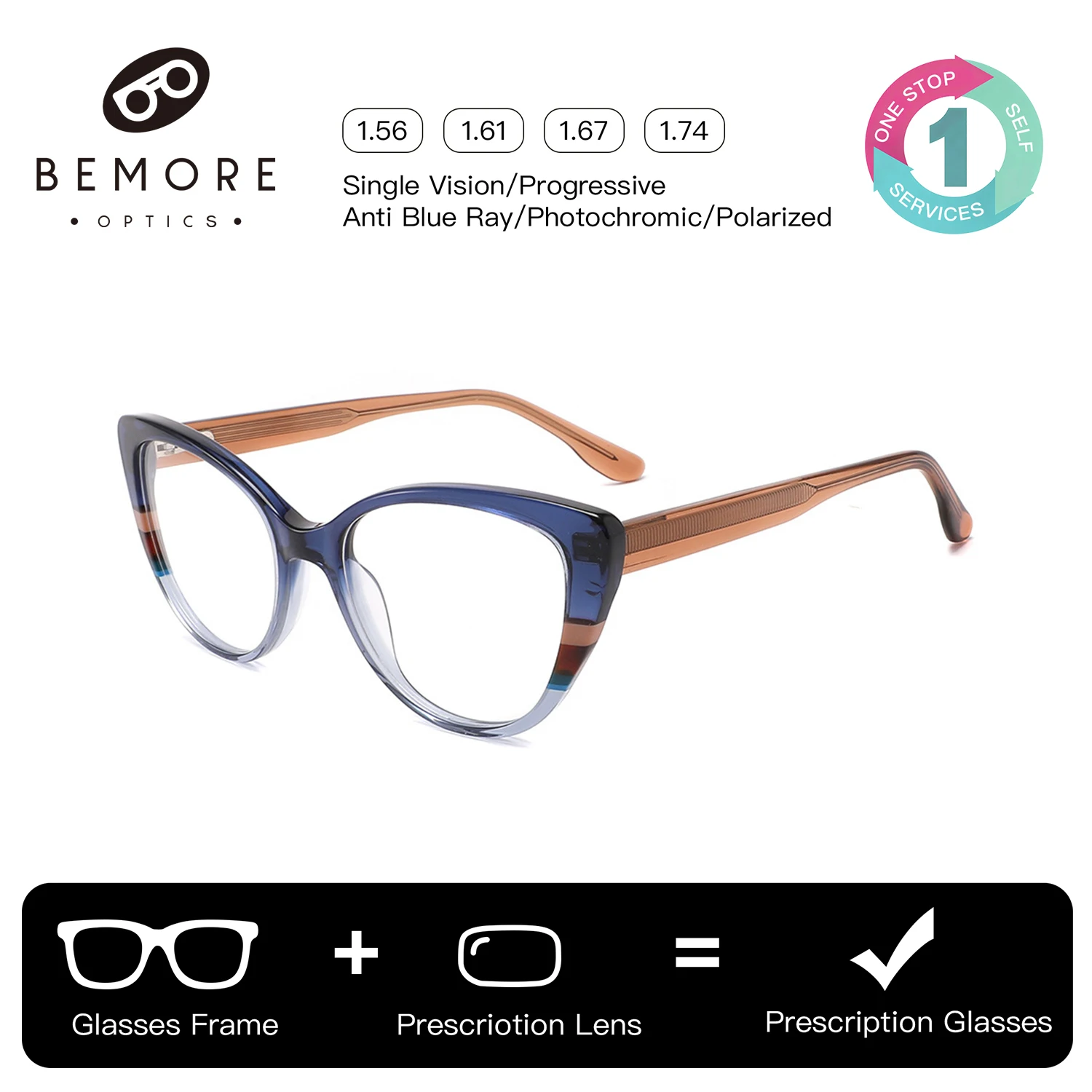 

BEMORE Handmade Acetate Cat Eye Progressive Multifocal Glasses Woman Anti-Blue Ray Photochromic Grey Prescription Eyeglasses