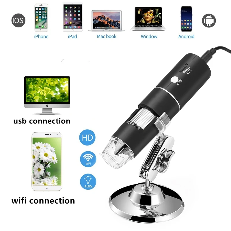 2in1 WiFi USB Digital Microscope 1000X 1080P – 8 LED Metal Base Camera for iOS Android & Electronics Industry Detection