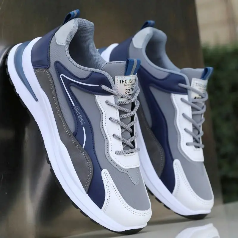 

Spring Autumn Men's Casual Sports Shoes Leather Surface Running Travel Fashionable Flat Laced Rubber Sole round Toe Shoes