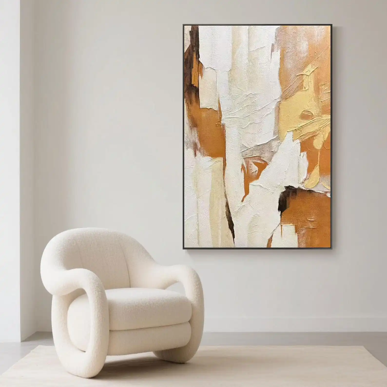 Mhemyo Large Original Textured Abstract Hand Painted Oil Painting White Brown and Yellow Palette Knife Art For Living Home Decor