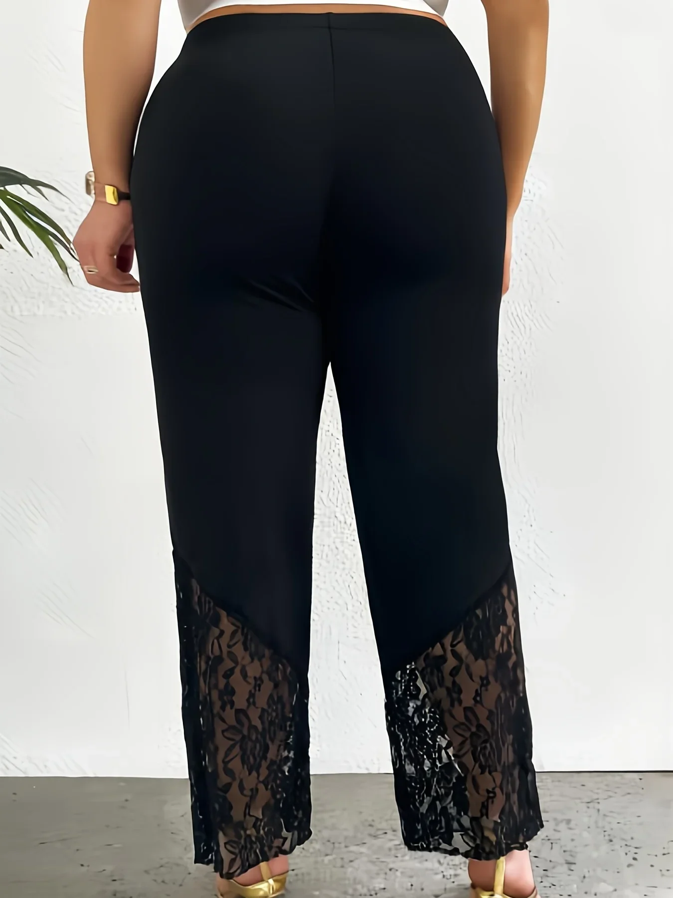 Plus Size Black Casual Pants, Women's Plus Solid Contrast Lace Elastic High Rise Slight Stretch Trousers