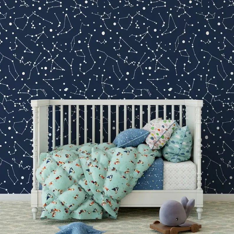 Zodiac Constellation, Night Sky, Wallpaper, Planets, Removable, Peel and stick, Self adhesive, Temporary, Wall Mural, Fabric - S