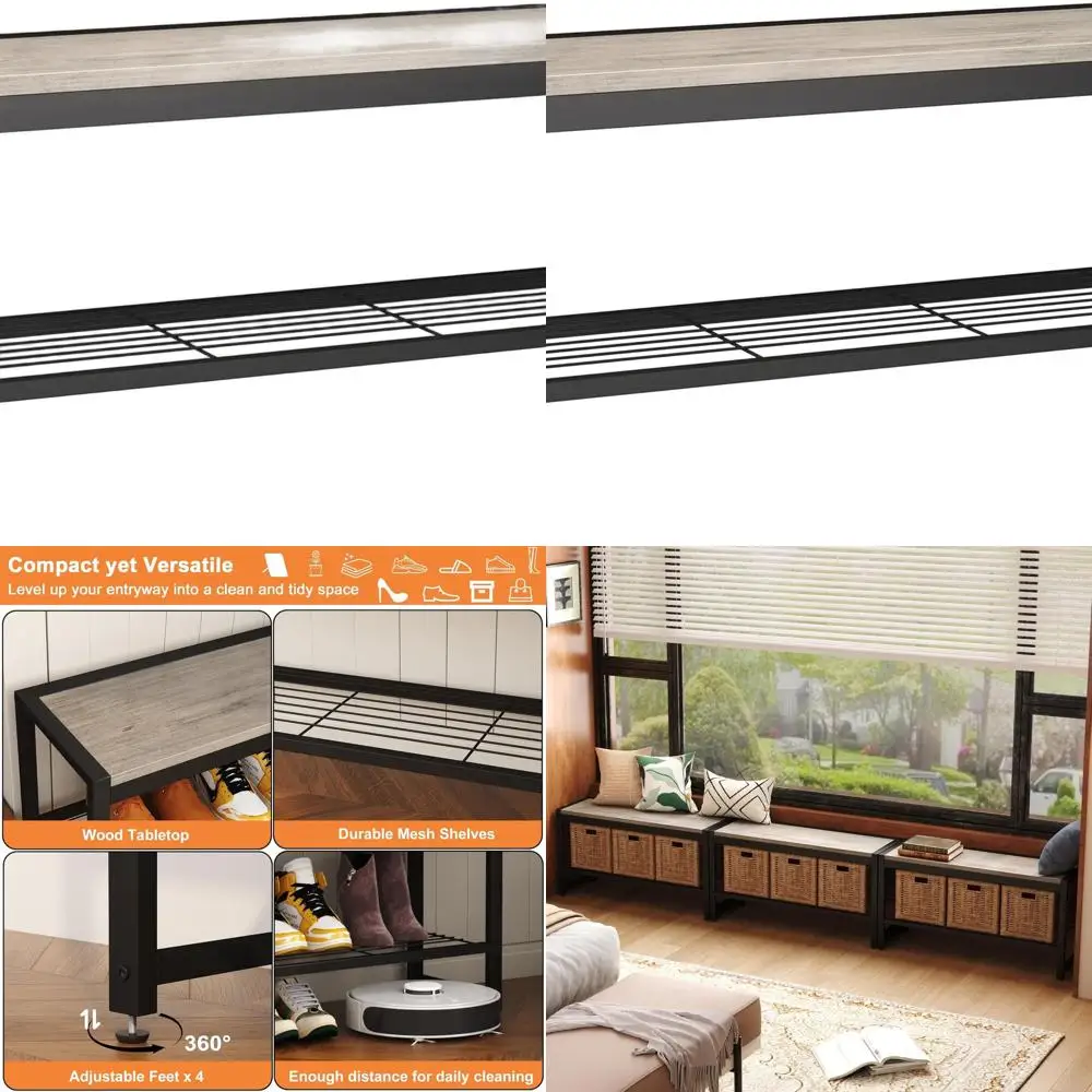 

Industrial Style 2-Tier Shoe Bench with Mesh Shelf, Metal Frame, Washed Gray Finish for Hallway, Mudroom, Living Room Storage