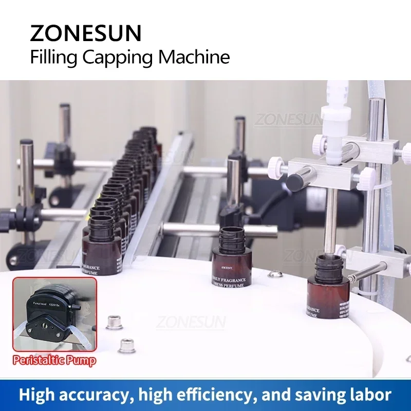 ZONESUN ماكينة تعبئة وتغطية أوتوماتيكية مع ناقل مضخة تمعجية منضدية عطر سائل قارورة لفة على زجاجة ZS-AFC1Z