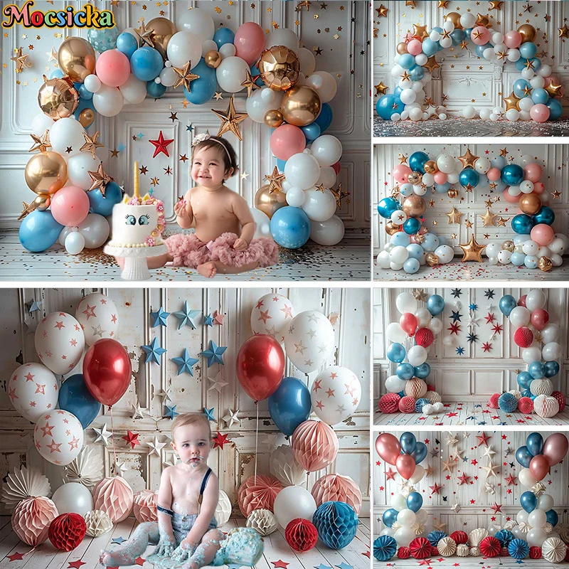 Mocsicka Photography Background 4th of July Independence Balloons Kids Birthday Cake Smash Portrait Decor Backdrop Photo Studio