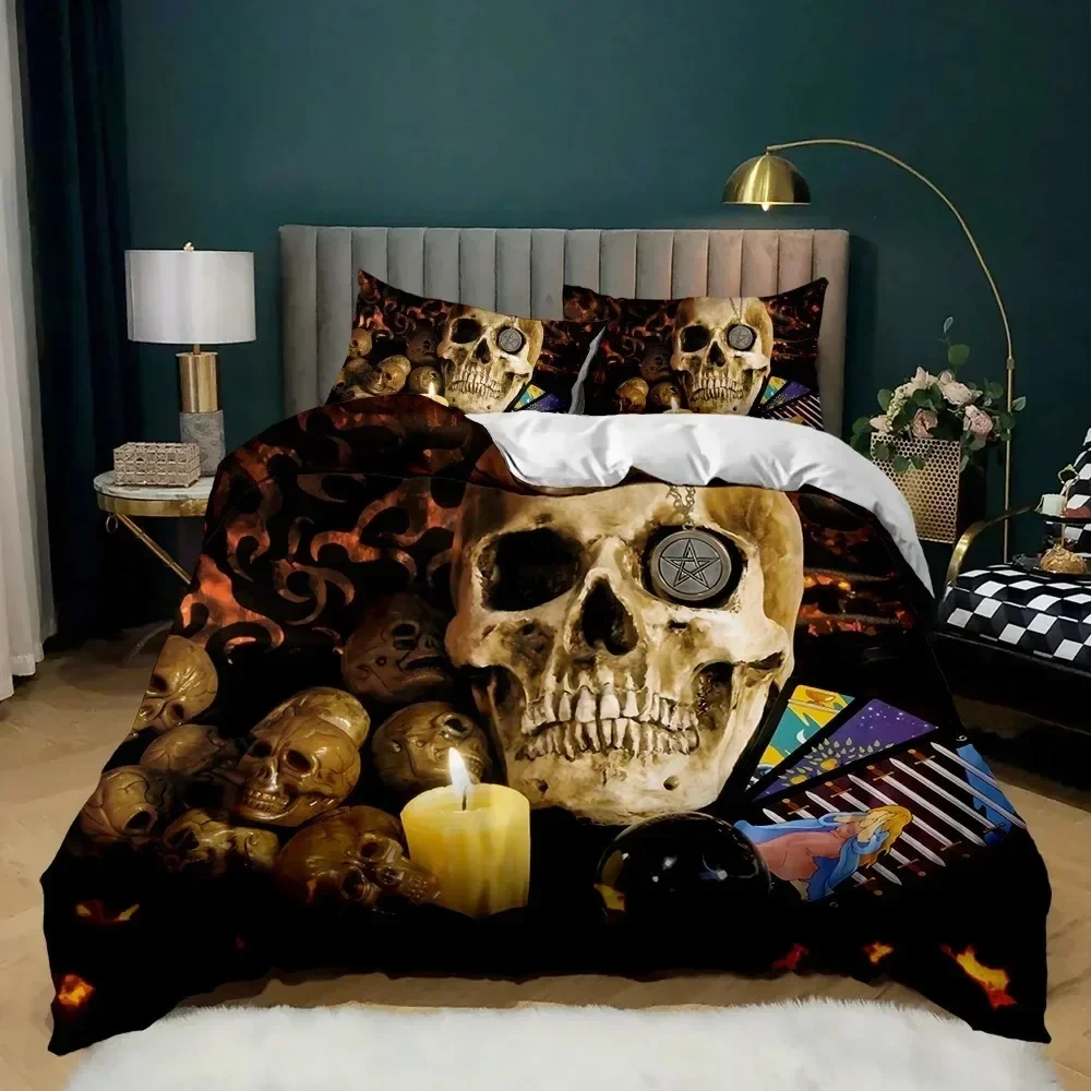 Skull Duvet Cover Set Horrible Skeleton Bedding Set Bedclothes Halloween Gothic Horror Polyester Quilt Cover Double Queen King