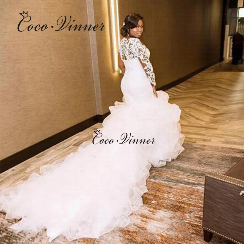 ที่กําหนดเองแขนยาวฉัตร Ruffle รถไฟชุดเดรสเมอร์เมด 2025 ลูกไม้ Appliques ประดับด้วยลูกปัดภาพลวงตาชุดแต่งงาน W0801