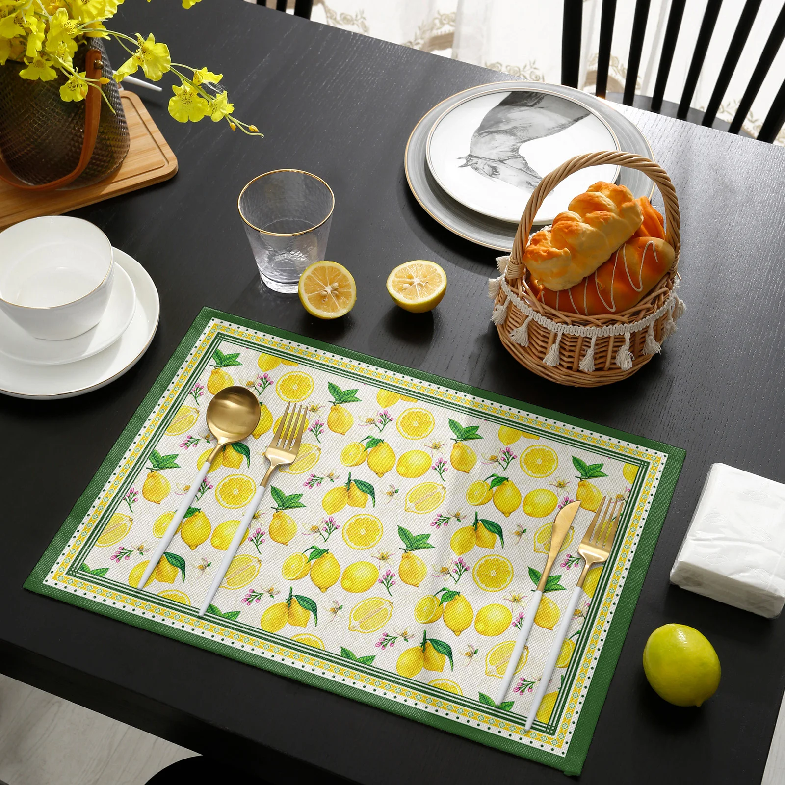 

Lemon Pattern Kitchen Dining Table Decor Accessories 4/6pcs Placemat Heat Resistant Linen Tableware Pads Dinner Table Mats