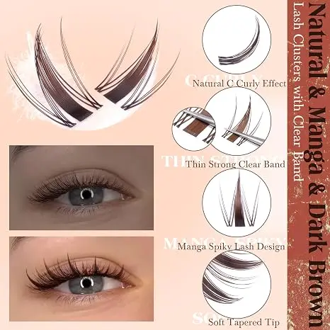WINKLURE Braune Wispy Lash Clusters, gemischte Länge, C-Curl, flauschige Wimpernverlängerungen mit transparentem Stiel, natürlich aussehend, individuell anpassbar. – Detail 10