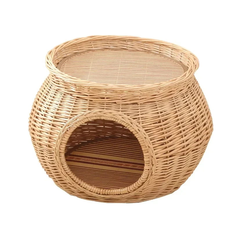 H1 Manual Rattan Cat House Natural Wicker Weaving  Nest  Accessories Durable Green with Thick Mat for Big Pet Dog Blanket