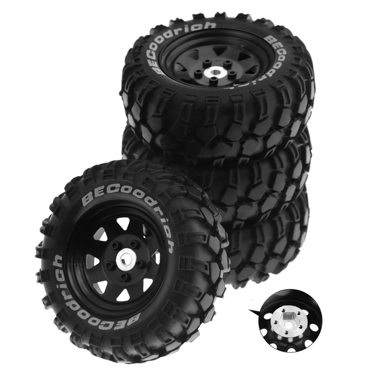 93mm Metal 1.9Inch Beadlock Wheel Rim Rubber Tire Set for 1/10 RC Crawler Car Traxxas,Triangle Hole 12mm Adapter,Black