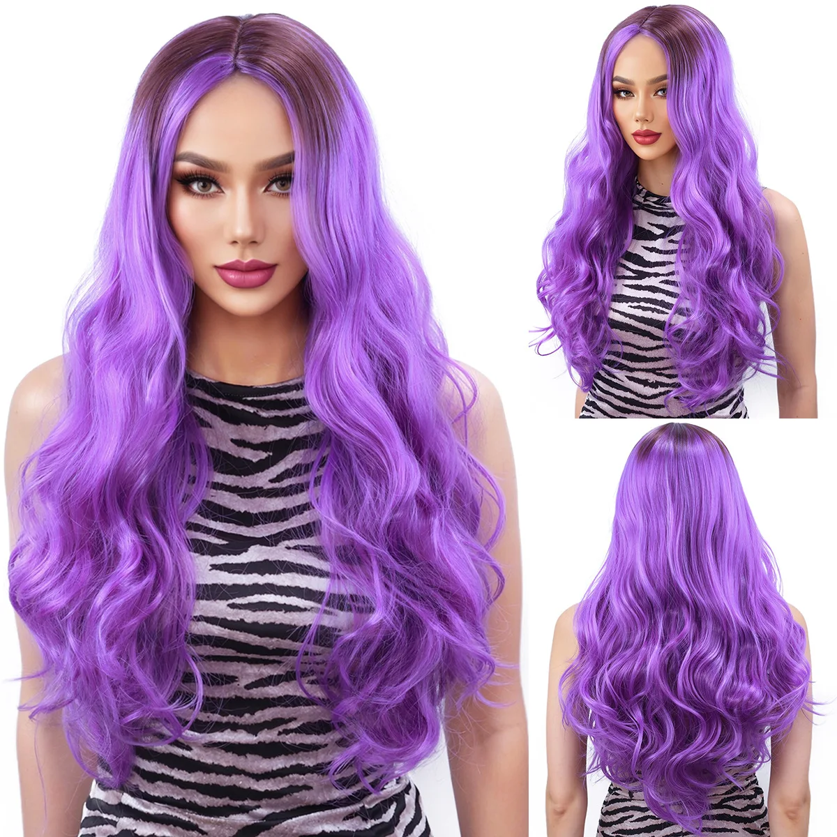 Cross border European and American new wig, women's long curly hair with big waves, violet wig-Synthetic fiber wig