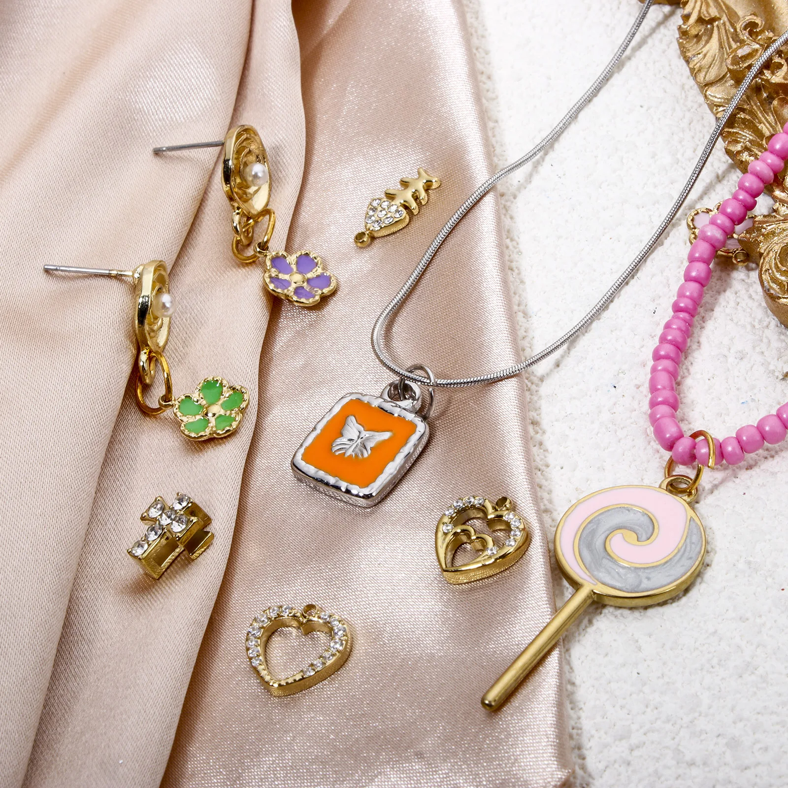 1 Piece 304 Stainless Steel Charms Gold Plated Fish Flower Cross Heart Enamel Clear Rhinestone Pendant For DIY Necklace Making