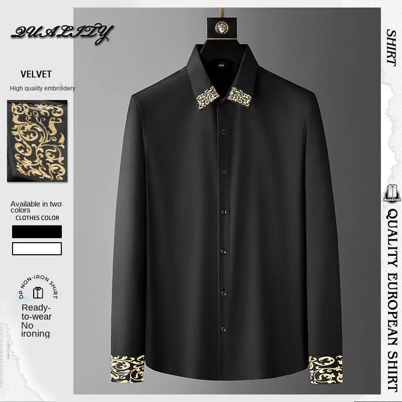 Fashionable Turn-down Collar Embroidered Men's Shirt for Spring/Autumn, High Quality Fitted Wrinkle-Free Top Streetwear
