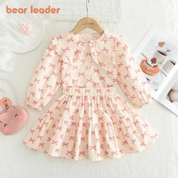 Bear Leader Girls Clothing Autumn Doll Collar Shirt and Cute Bow Print Skirt Sets Clothes Children's Sweet Costumes 100%Cotton