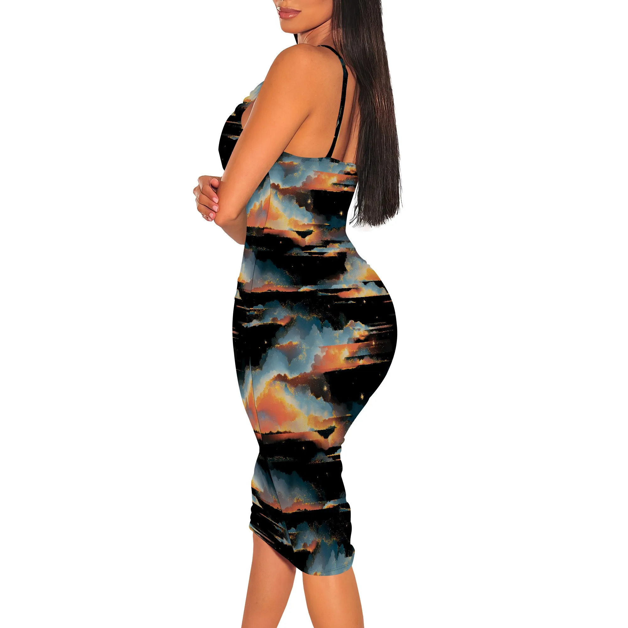 여성 여름 Bodycon 드레스 민소매 스파게티 스트랩 파티 캐주얼 페어 섹시한 딥 브이 넥 꽃 프린트 연필 스커트