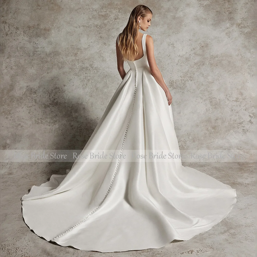 Elegante Brautkleider aus Satin mit quadratischem Kragen, A-Linie, rückenfrei, einfache Brautkleider für Frauen, 2025, Brautknöpfe, modernes Brautkleid