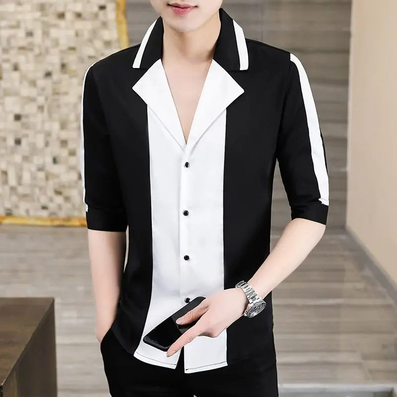 2025 Summer Men Shirt Five-quarter Sleeve Slim Suit Collar Versatile Casual and Fashionable Cardigan