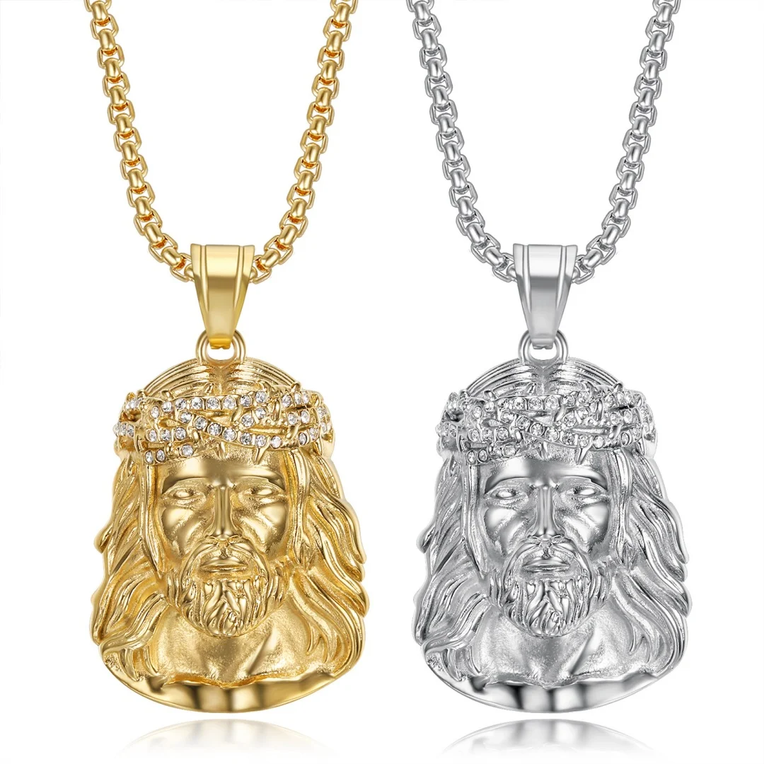 

Religious Tennis Christ Jesus Head Pendant Gold Silver Color Stainless Steel Zirconia Christian Necklace for Woman Man Jewelry
