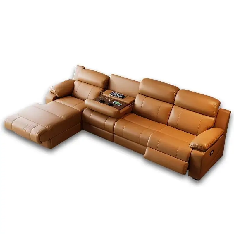 

L Shaped Real Leather Sectional Sofa Set Luxury Electric Smart Reclining Corner Couch With Cup Holder Side Table for Living Room