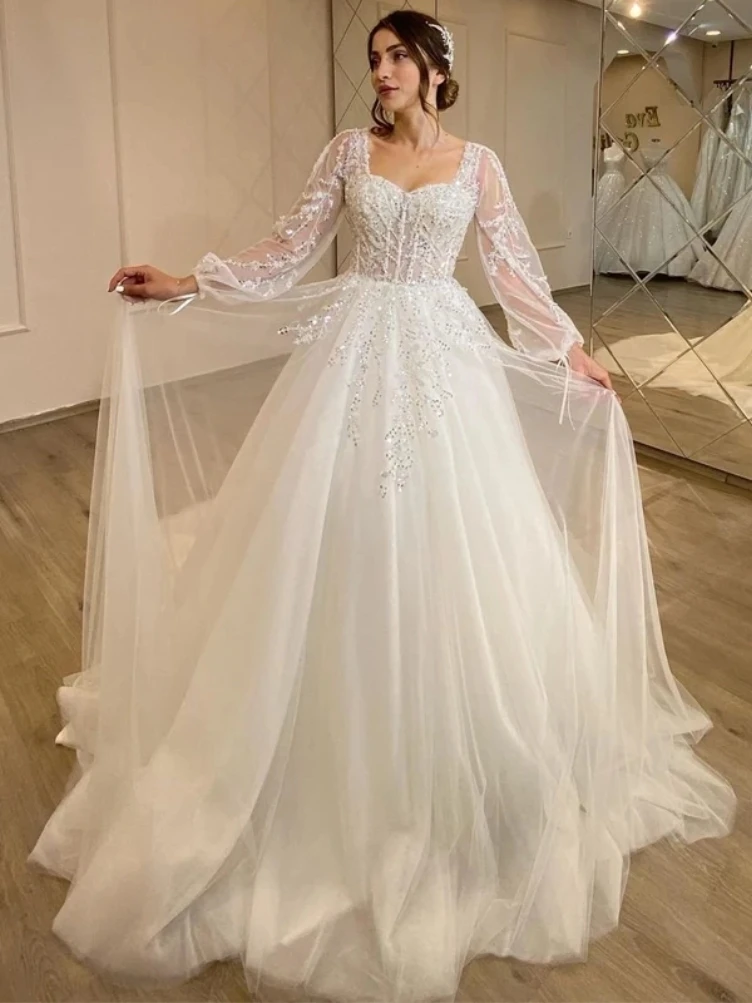 Illusion Long Sleeve Woman\'s Wedding Dresses A Line Sexy Lace Appliques Bride Gowns Fuffy Tulle Formal Vestidos Customized 2025