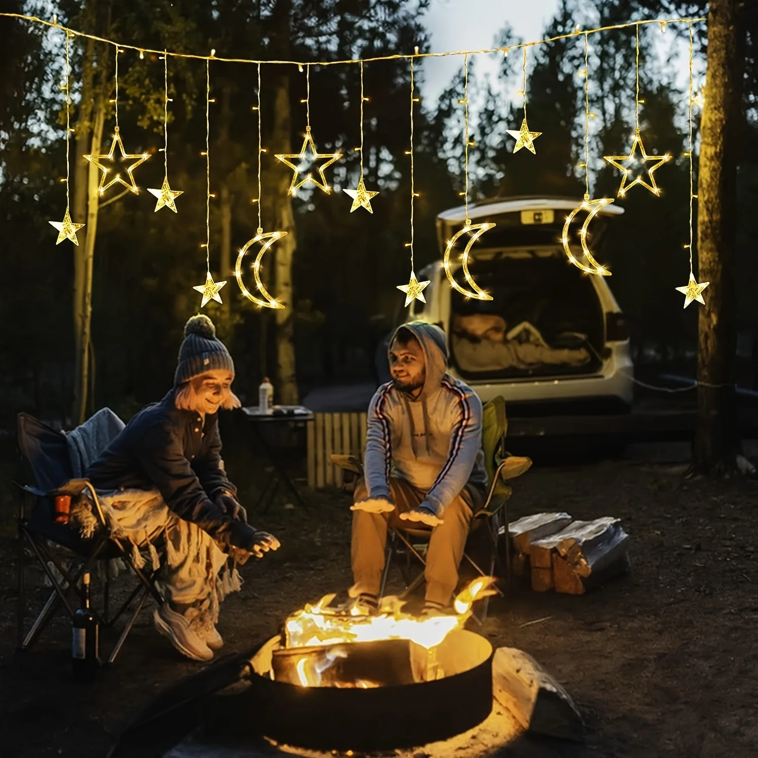 Lampu Tirai LED Bintang Bulan Bertenaga Baterai Surya 3.5M 8 Mode Lampu Gantung Atmosfer Dalam Ruangan untuk Dekorasi Pesta Natal Ramadan