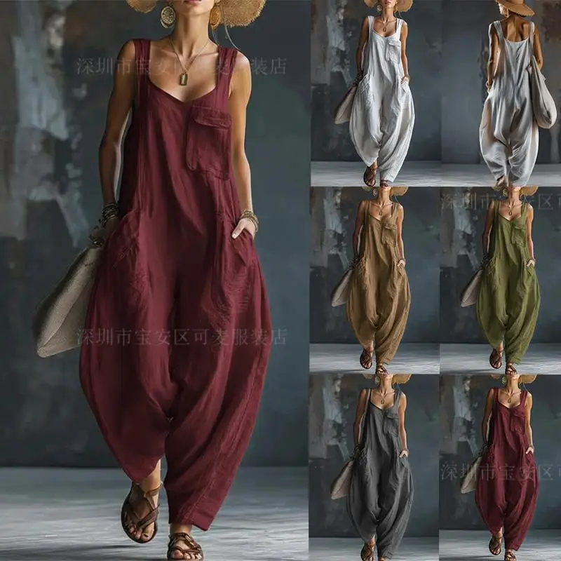 

Женский комбинезон на бретелях, цельный, без рукавов, с длинными брюками, с высокой талией, в стиле Y2K, уличный, повседневный, свободный крой