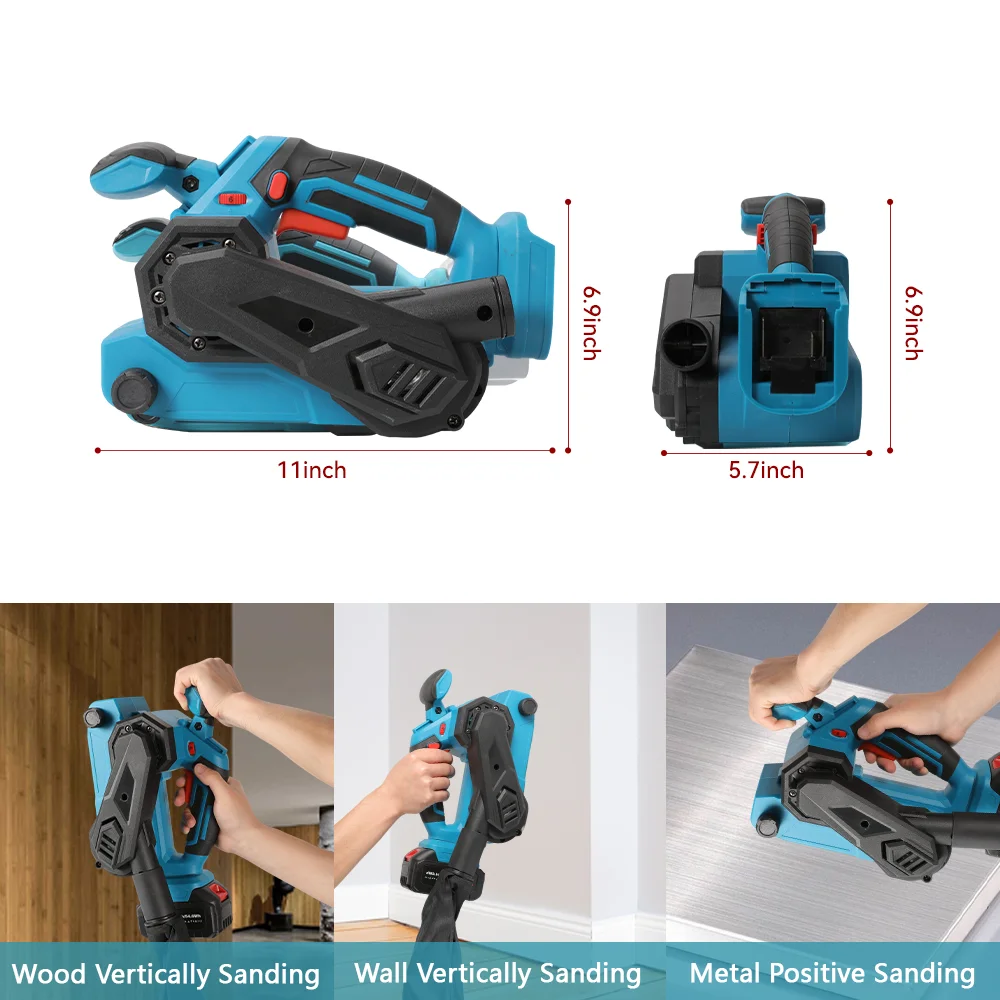18V Akku-Bandschleifer, 6-stufige Geschwindigkeitseinstellung, 120-350 m/min, passend für Makita 18V B-Serie BL1820 BL1830 BL1850 BL1860, Gummi-Antivibrationsgriff, abnehmbarer Staubbeutel, Metall-,