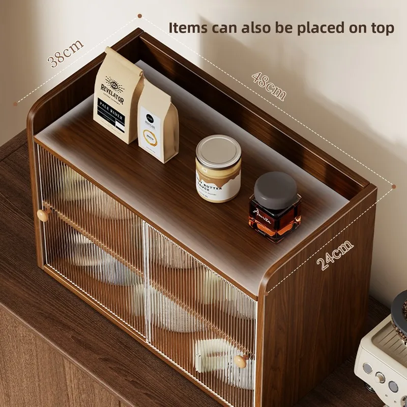 Mid Century Wooden Desktop Storage Cabinet Sliding Glass Door Cup Organizer Coffee Bar Display Rack for Kitchen Counter Table