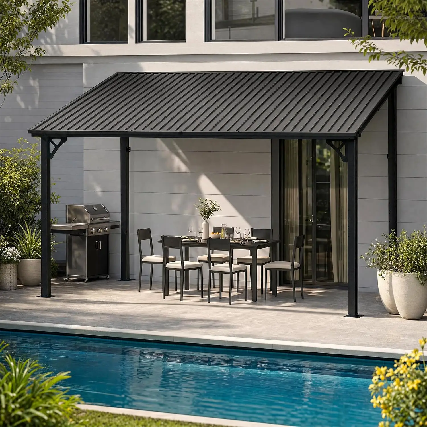 12x10 FT Lean to Gazebo Steel Roof Hardtop Outdoor Pergola with Aluminum Frame for Patio Backyard Deck Pool, Customized