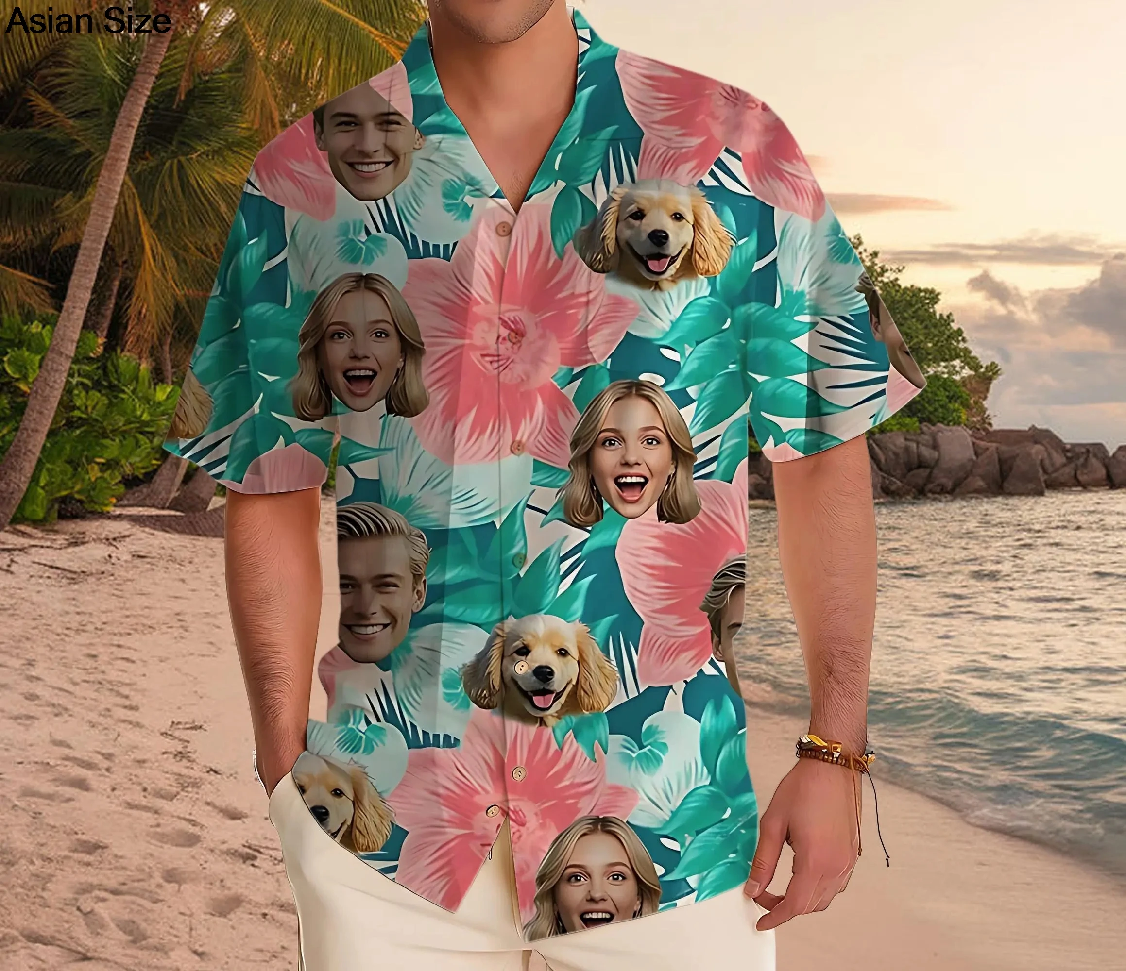 Custome Face Leaves Hawaiian Shirt, Personalized Tropical Beach Shirt, Vacation Island Style Shirt, Custom Face Hawaiian Shirt