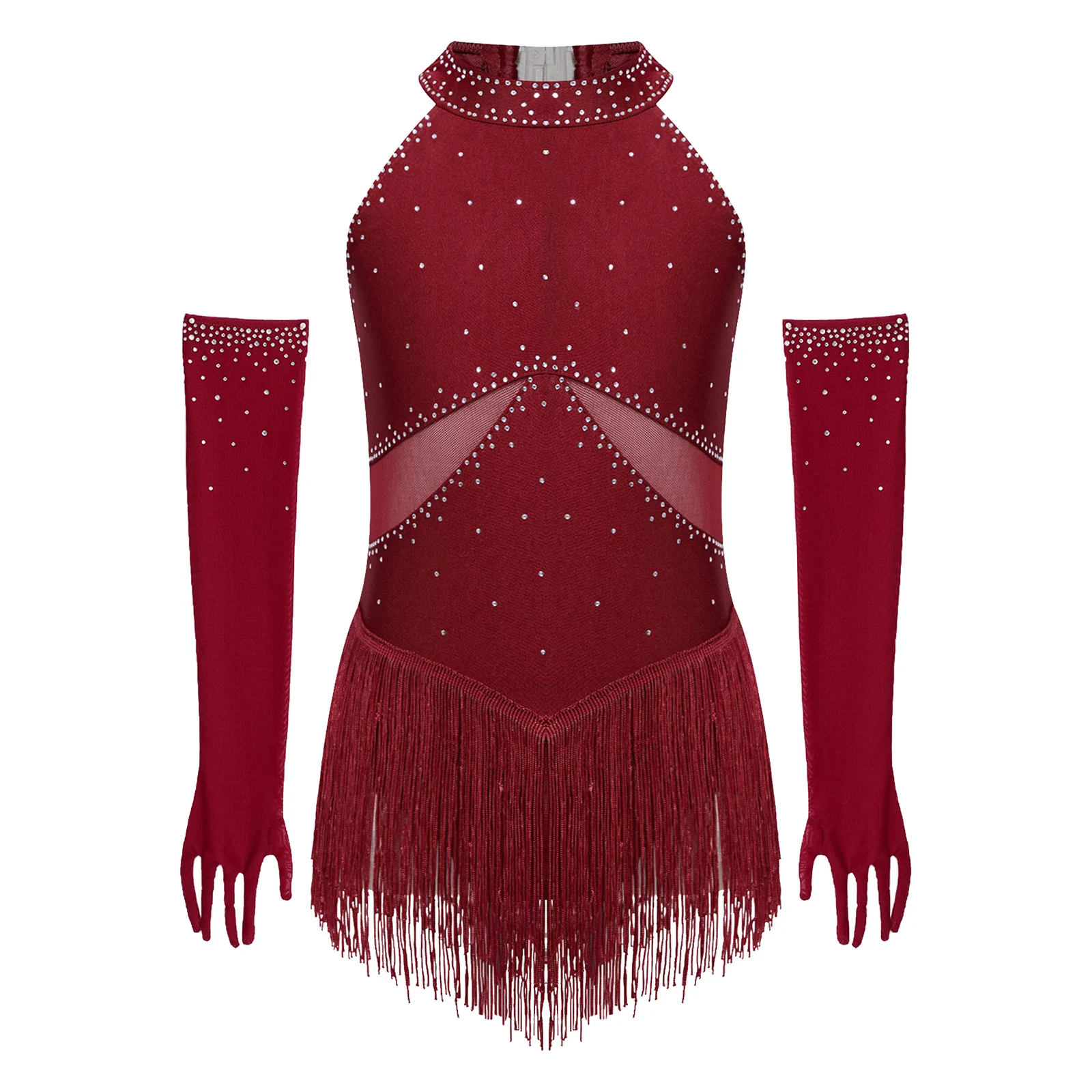 Kids Girls Latin Dance Dress Figure Skating Samba Rumba Tango Ballroom Costume Sleeveless Rhinestone Tassel Bodysuit with Gloves