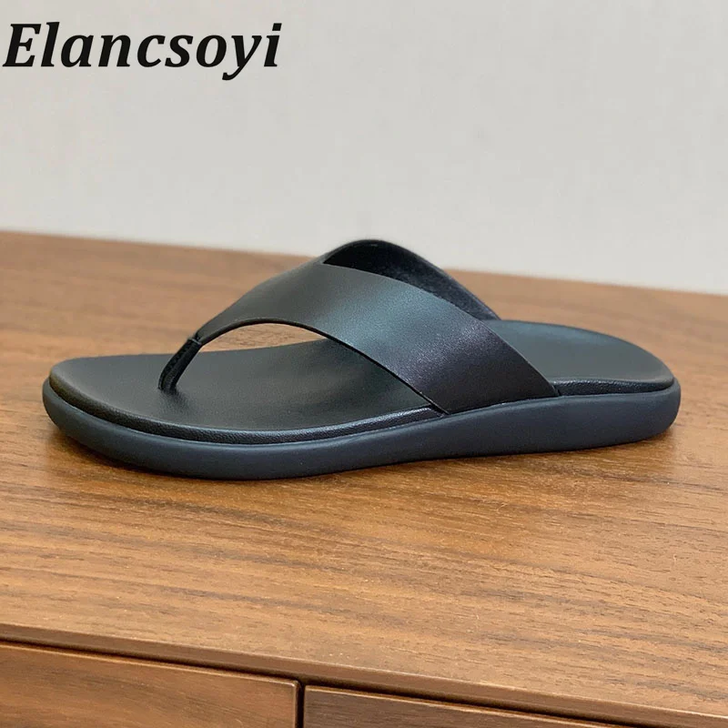 Women's open toed flat flip flops genuine leather solid color casual lazy sandals 2026 new summer outdoor vacation beach shoes