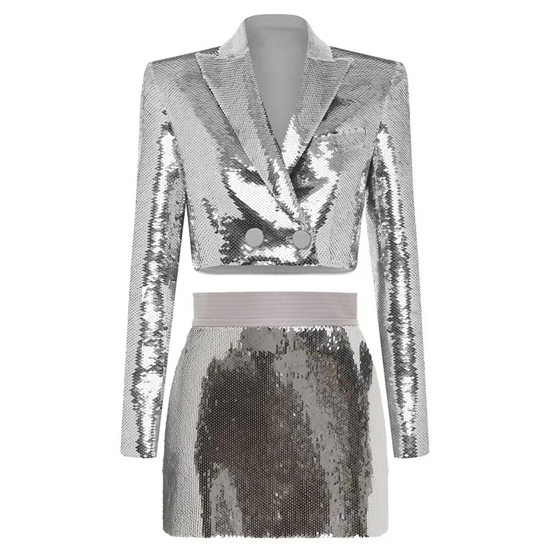 

2024 Fashion Personality BG Glittering Glitter Short Suit Half Skirt Two Piece Set