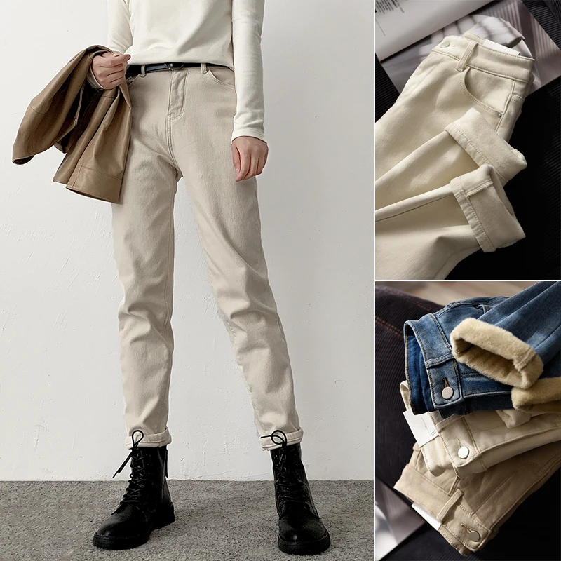 

Thickened Fleece Lined Cotton Denim Pants Women's Dad Style Composite Velvet Warm Casual Trousers High Waist Slim Fit Zipper ...