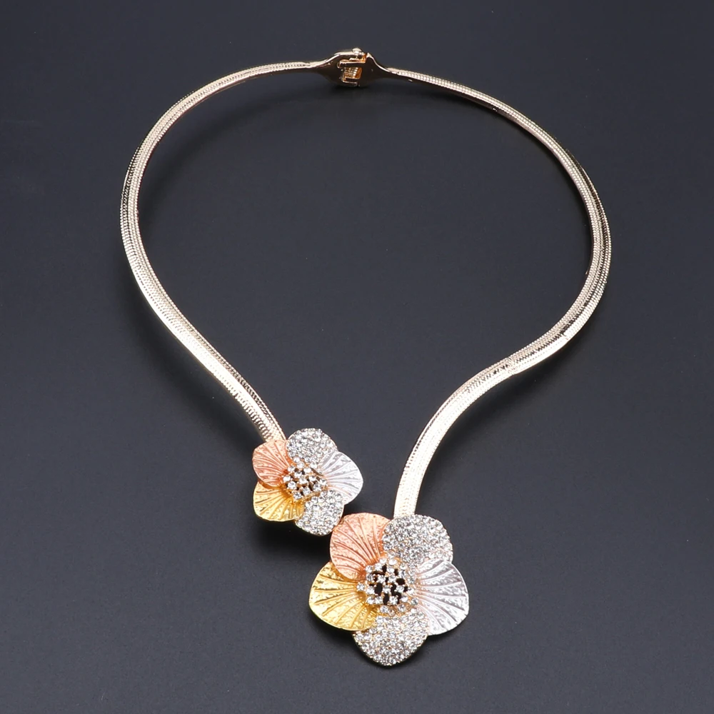 CYNTHIA Dubai Gold Color Jewelry Sets For Women Flower Shape Necklace Earrings Bracelet Nigerian Bridal Wedding Party Jewelry