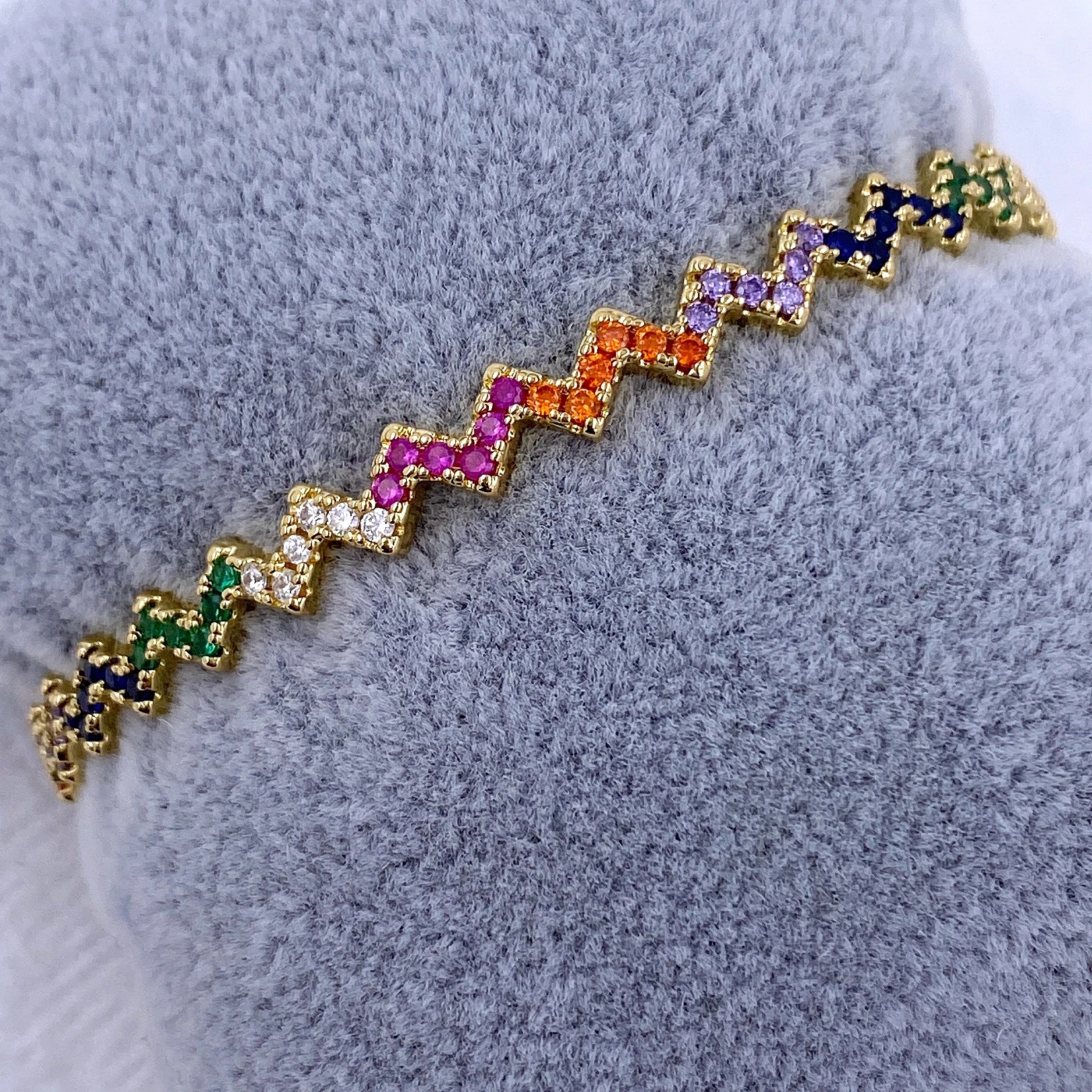 Fashion Colorful Zig Zag Rainbow Ombre CZ Pave Bracelet for Women Girls Gold Plated Jewelry