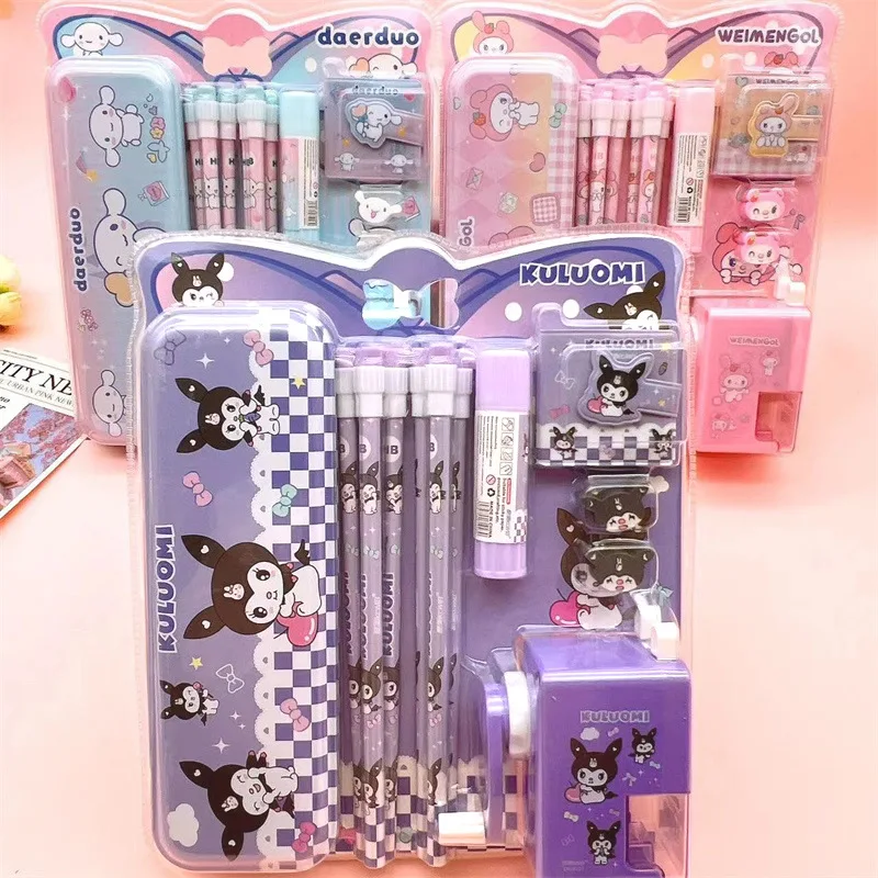 2025 Sanrio Briefpapier Set Kawaii Mymelody Kuromi Cinnamoroll Student Cartoon Puntenslijper Gum Briefpapier Set