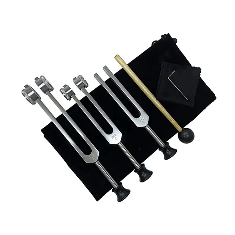 A50U Tuning Fork Set (128Hz, 256Hz, 512Hz) for Therapy with Silicone Hammer, Repair Tool, Cleaning Cloth and Storage Bag